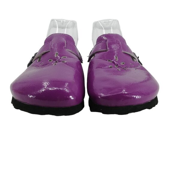 Betula Birkenstock Purple Slip On Leather Clogs Size 38 US 7 Flower Perforated - Picture 9 of 13